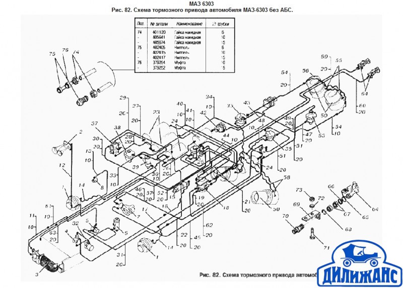 Схема пневматического привода тормозов автомобилей МАЗ-500А и МАЗ-504А МАЗ-503А