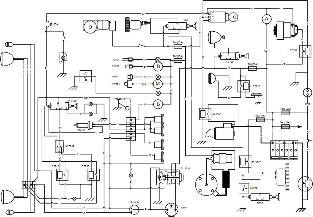 Электрическая схема газ 3309 цветная с описанием