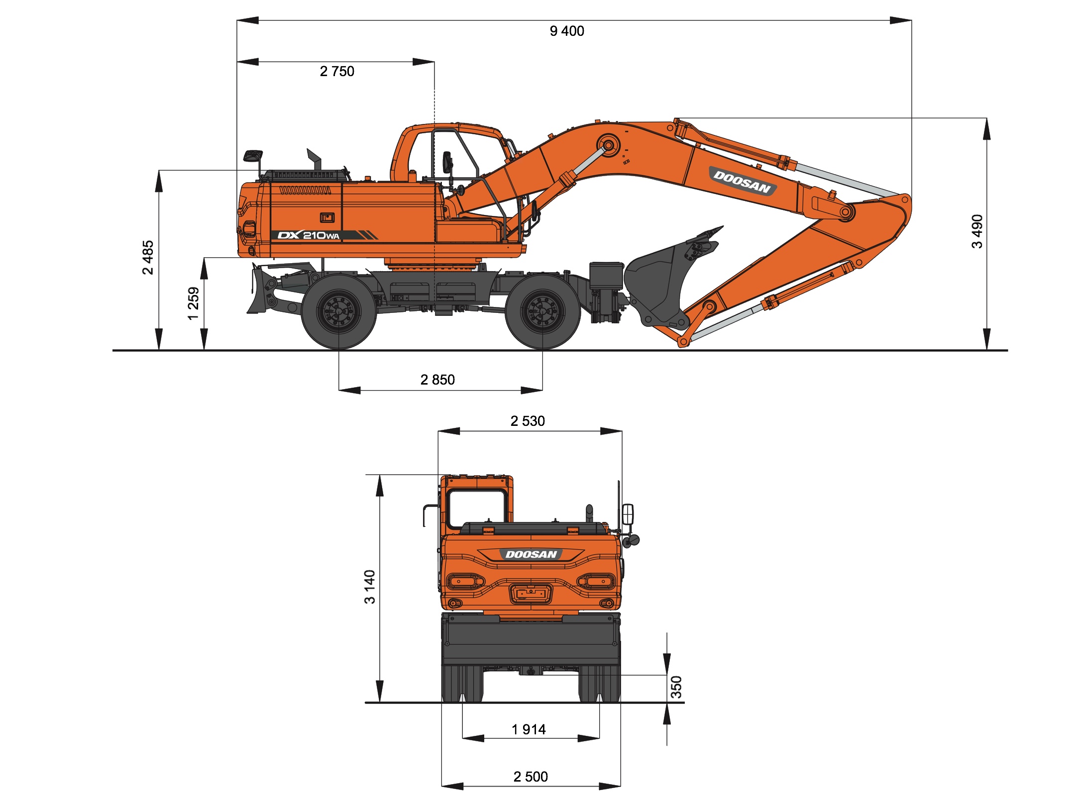 Вес колесного экскаватора. Колесный экскаватор Doosan dx190wa. Колесный экскаватор Doosan dx210w. Экскаватор Доосан 210 габариты. Экскаватор Дусан 160 габариты.